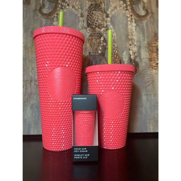 Starbucks Set of 3 Summer 2022 Venti, Grande & Keychain In DragonFruit Bling - Picture 4 of 6